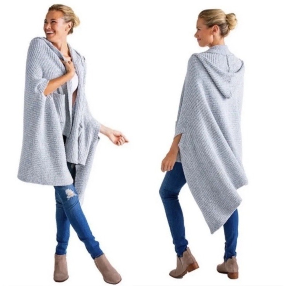 Softies Marshmallow Hooded Shawl Poncho Wrap Blanket Arm Slots Gray Heather OS